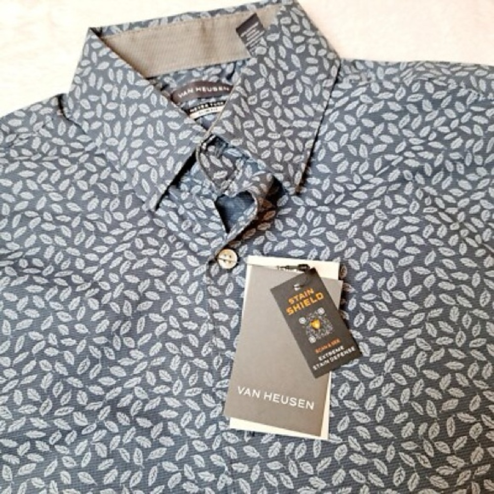 Van Heusen Navy Blue Leaf-Print Button Down Shirt